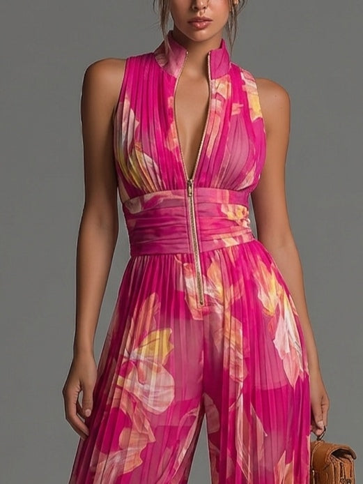 Essential - Fuchsia Floral Pleated Chiffon Jumpsuit