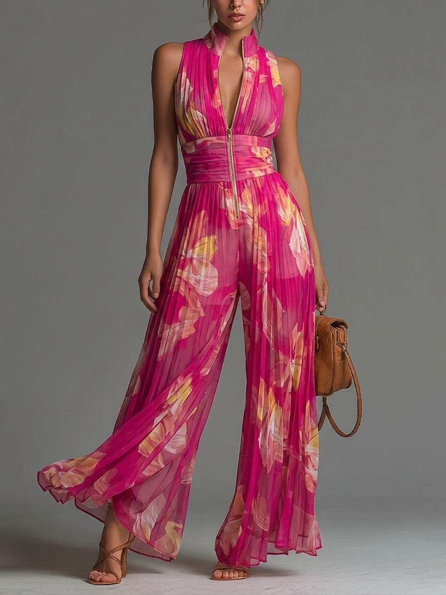 Essential - Fuchsia Floral Pleated Chiffon Jumpsuit