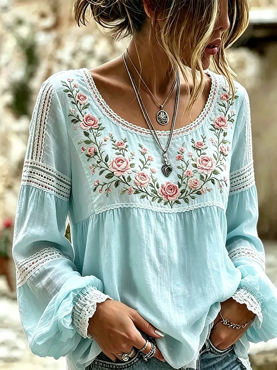 Mireille | Linen Blouse with Rose Embroidery & Lace Details