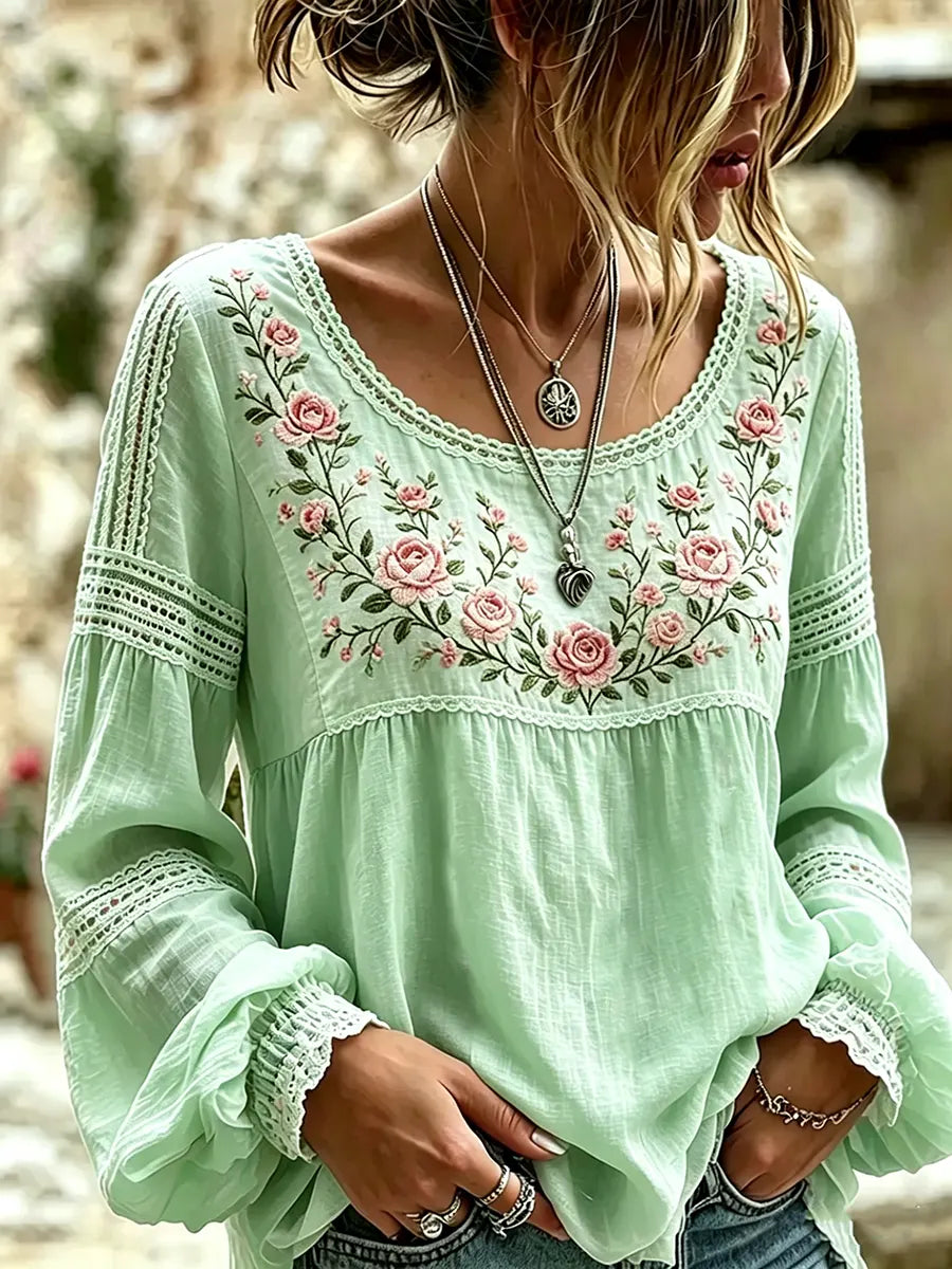 Mireille | Linen Blouse with Rose Embroidery & Lace Details