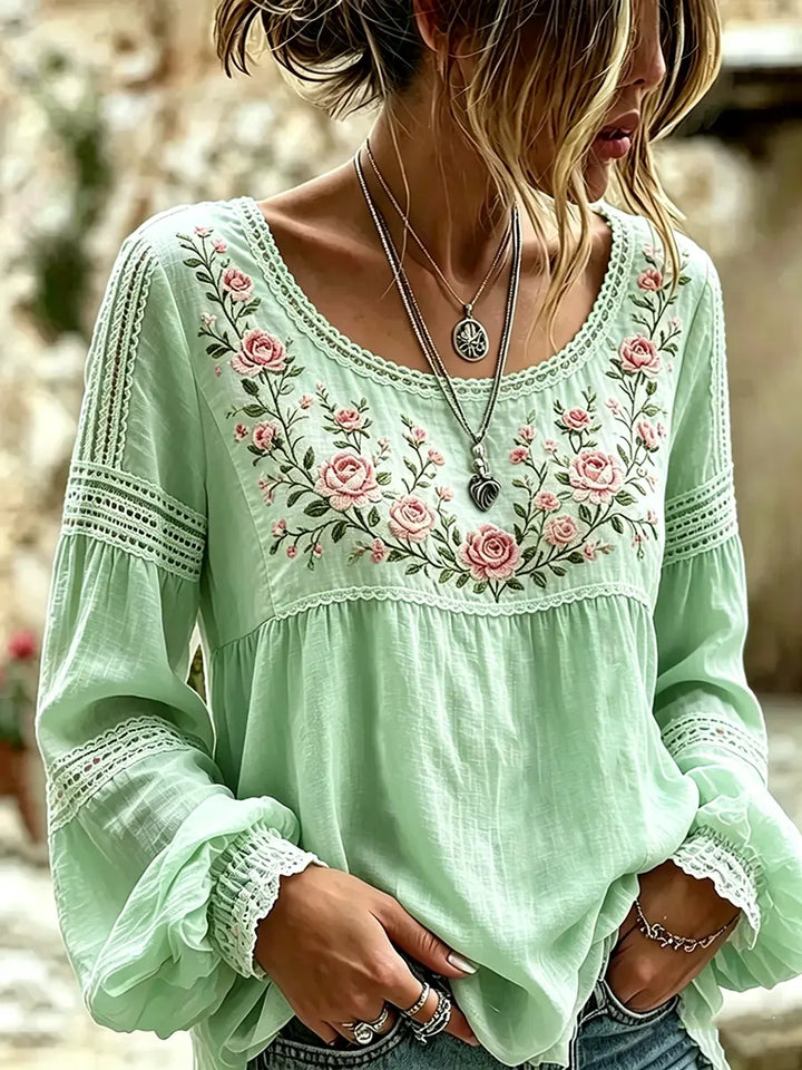 Mireille | Linen Blouse with Rose Embroidery & Lace Details
