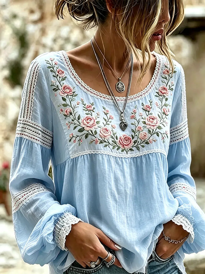 Mireille | Linen Blouse with Rose Embroidery & Lace Details