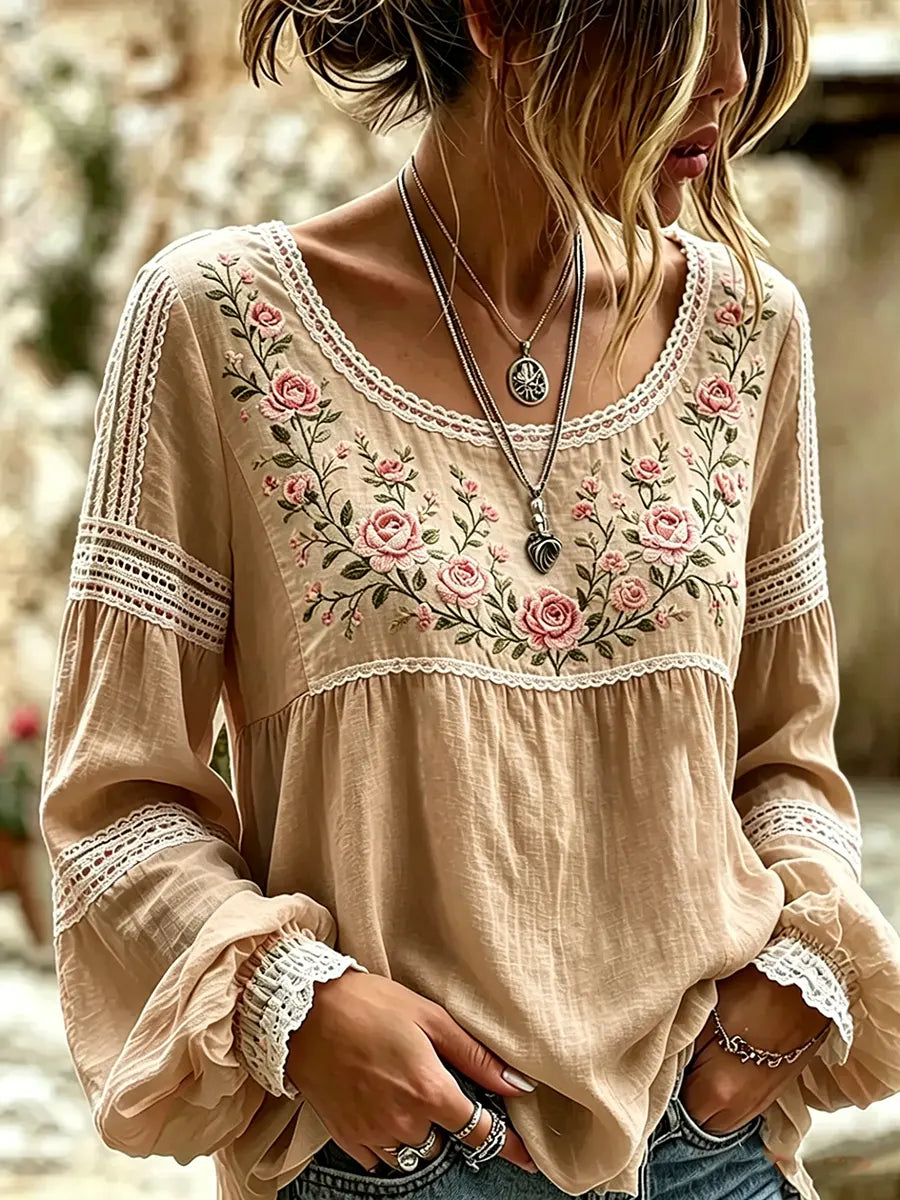 Mireille | Linen Blouse with Rose Embroidery & Lace Details