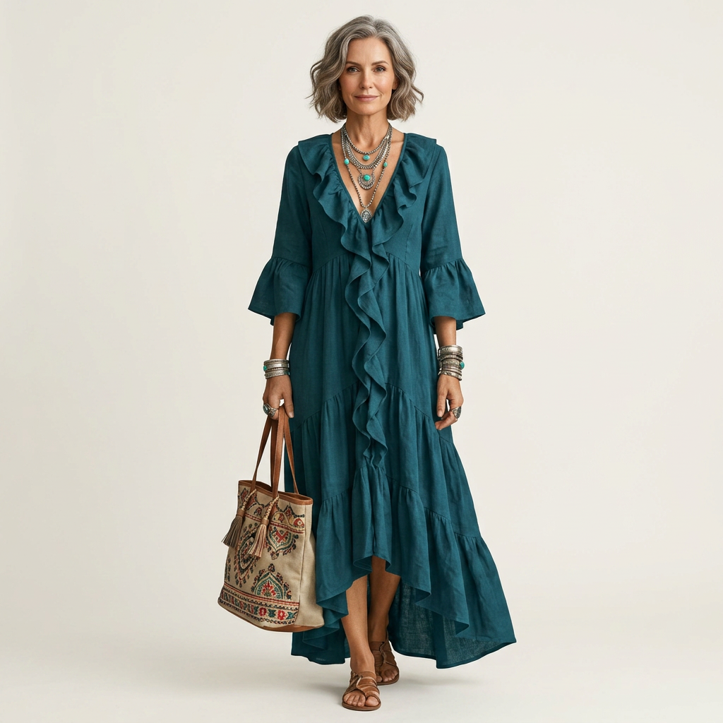 Katiana | Deep V Ruffle-Front Bell-Sleeve Tiered Maxi Dress