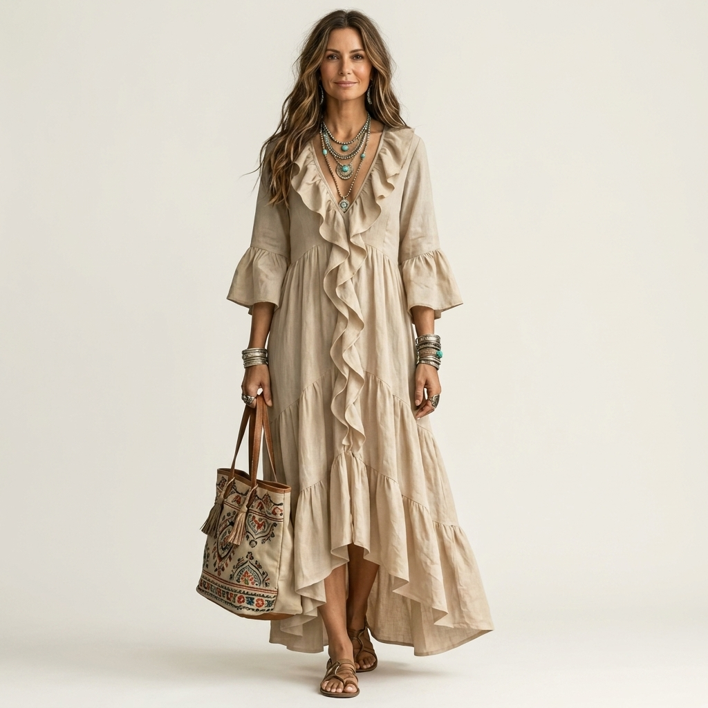 Katiana | Deep V Ruffle-Front Bell-Sleeve Tiered Maxi Dress