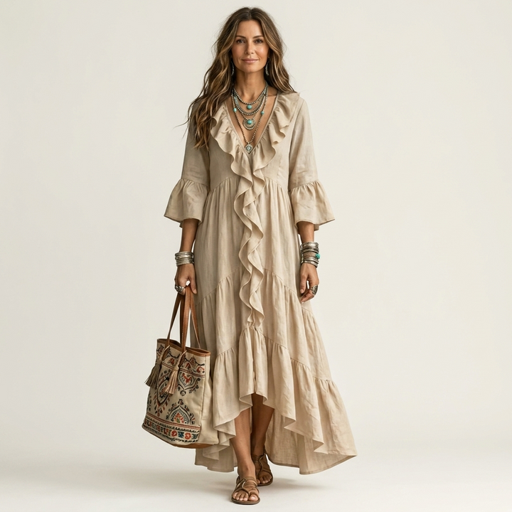Katiana | Deep V Ruffle-Front Bell-Sleeve Tiered Maxi Dress