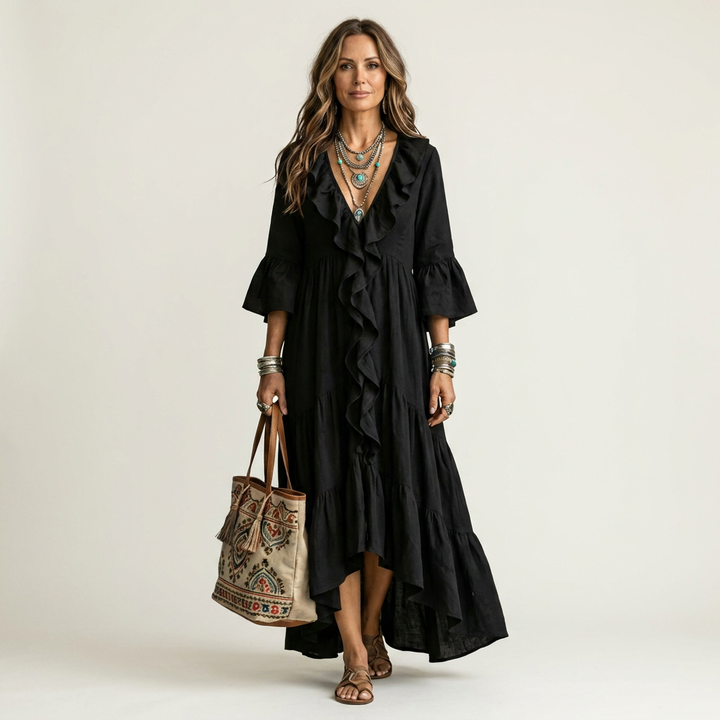Katiana | Deep V Ruffle-Front Bell-Sleeve Tiered Maxi Dress