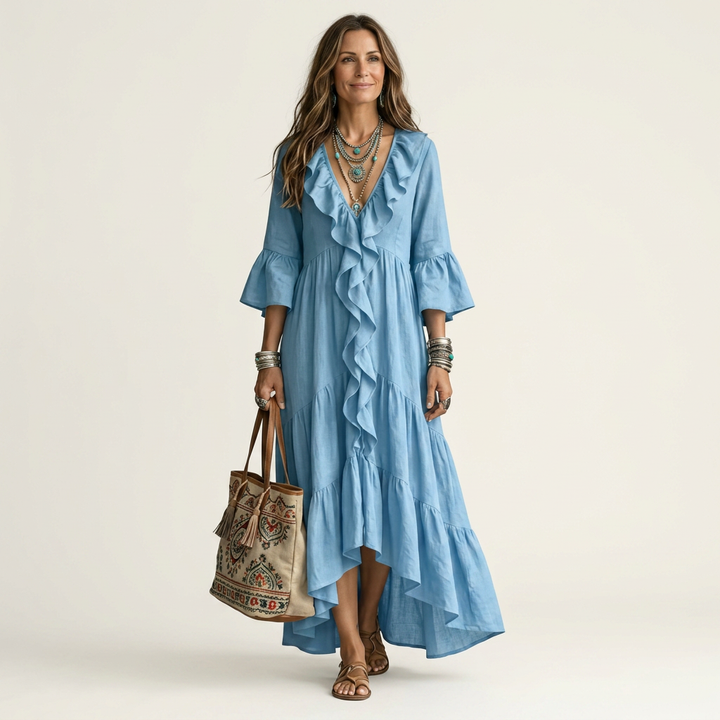 Katiana | Deep V Ruffle-Front Bell-Sleeve Tiered Maxi Dress