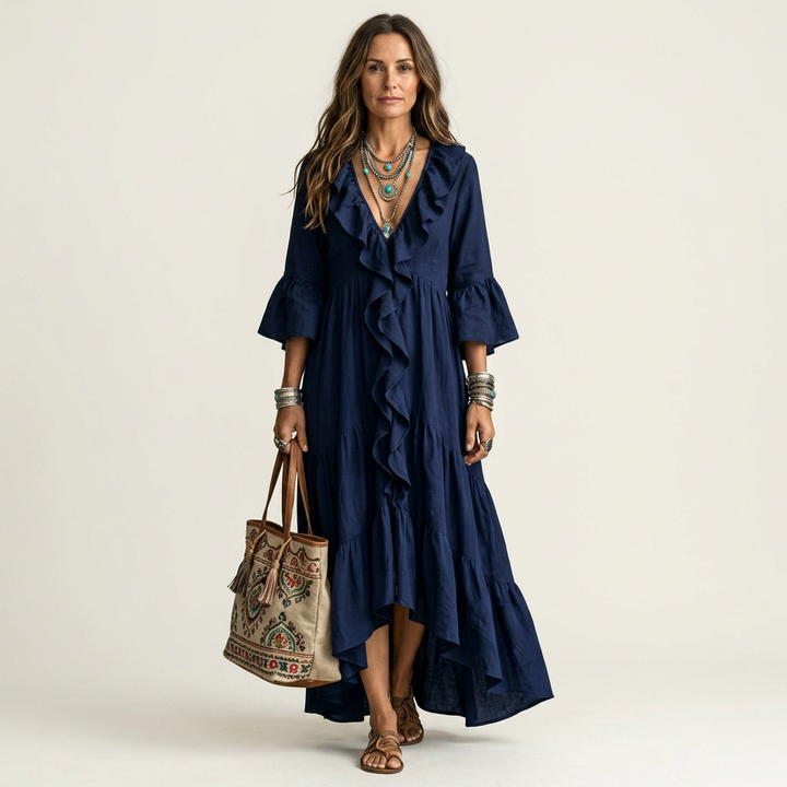 Katiana | Deep V Ruffle-Front Bell-Sleeve Tiered Maxi Dress