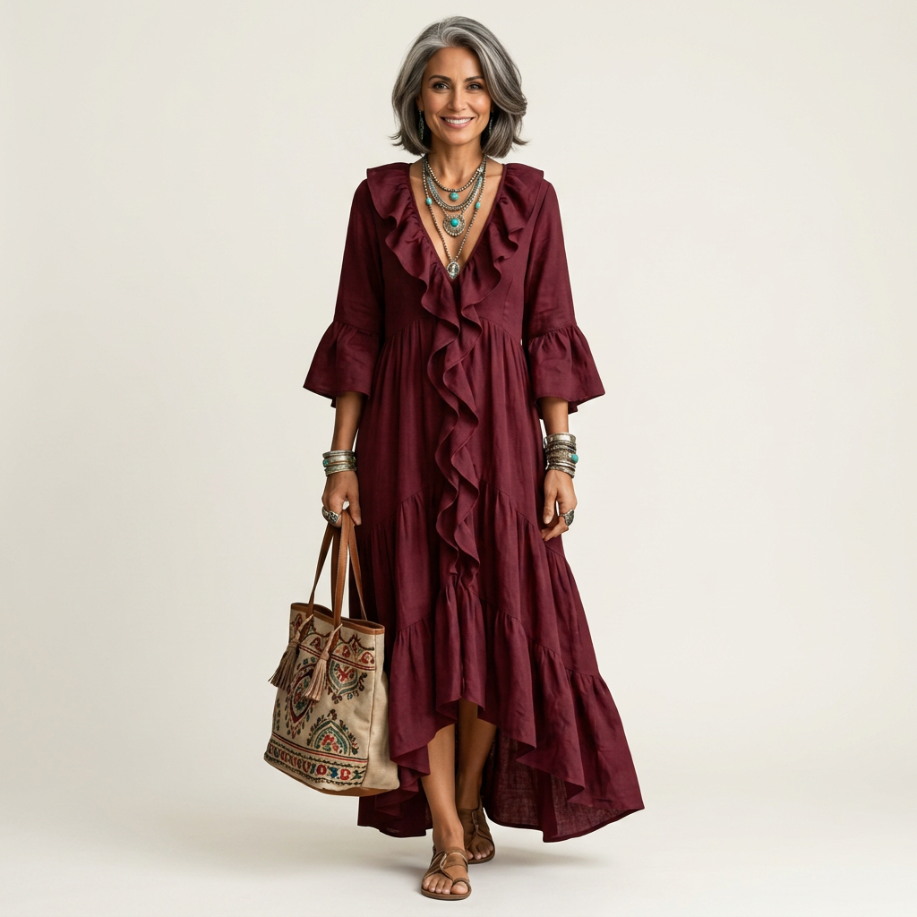 Katiana | Deep V Ruffle-Front Bell-Sleeve Tiered Maxi Dress