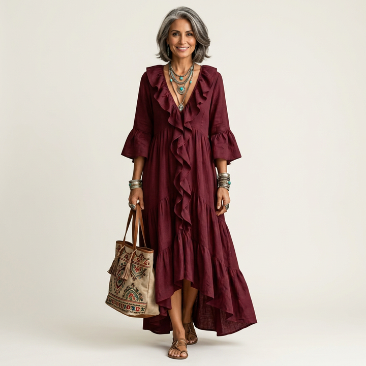 Katiana | Deep V Ruffle-Front Bell-Sleeve Tiered Maxi Dress