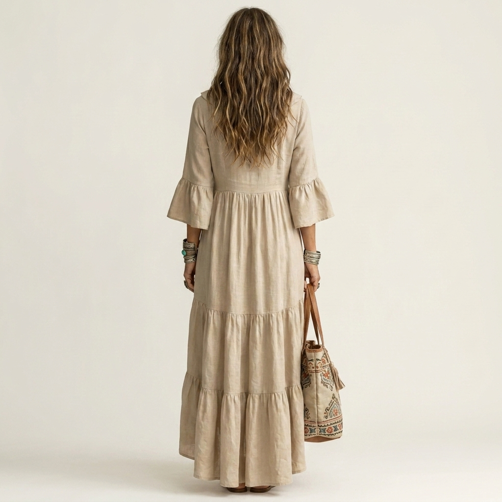 Katiana | Deep V Ruffle-Front Bell-Sleeve Tiered Maxi Dress