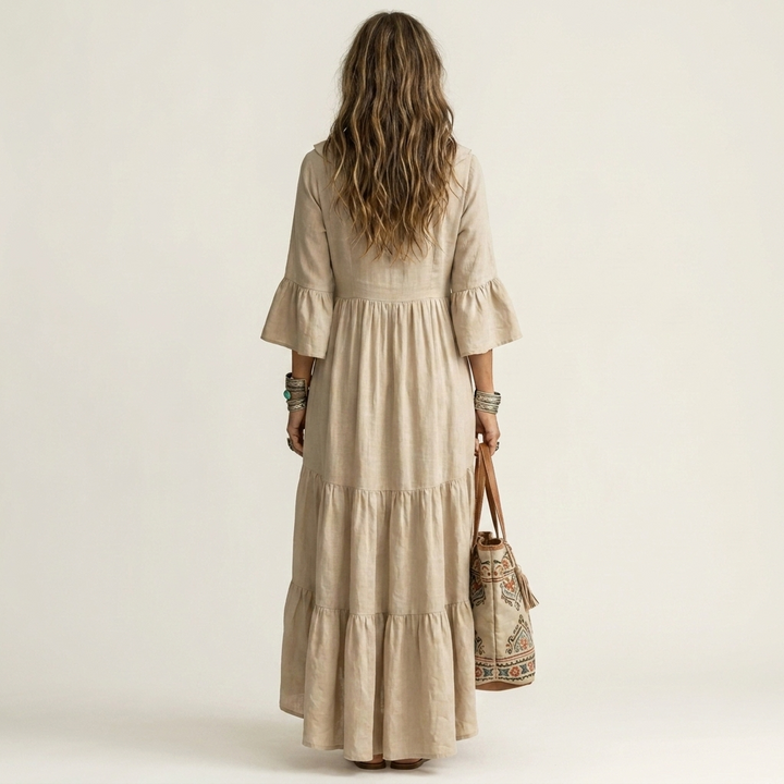 Katiana | Deep V Ruffle-Front Bell-Sleeve Tiered Maxi Dress